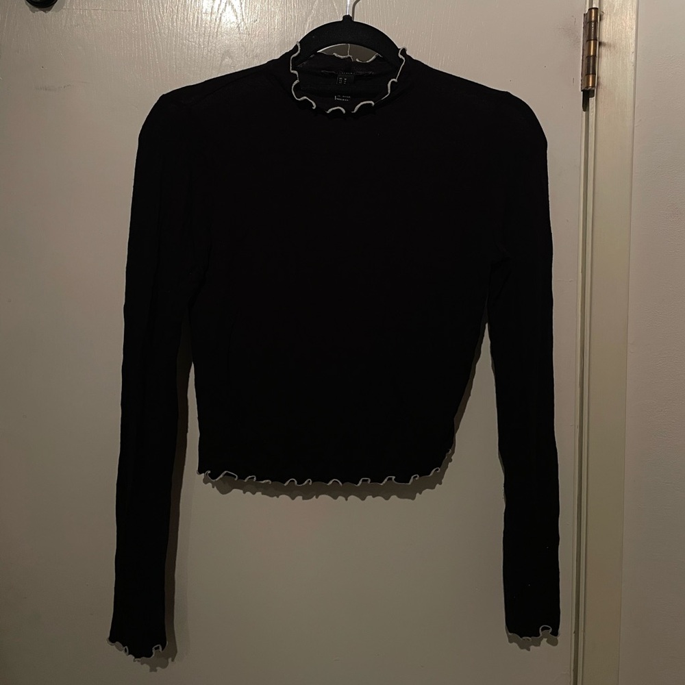 Black Long Sleeve Top with Scalloped / Ruffle Trim